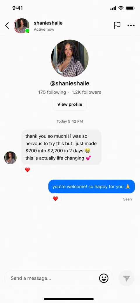 DM von @shanieshalie — aus 200 $ wurden 2.200 $ in 2 Tagen